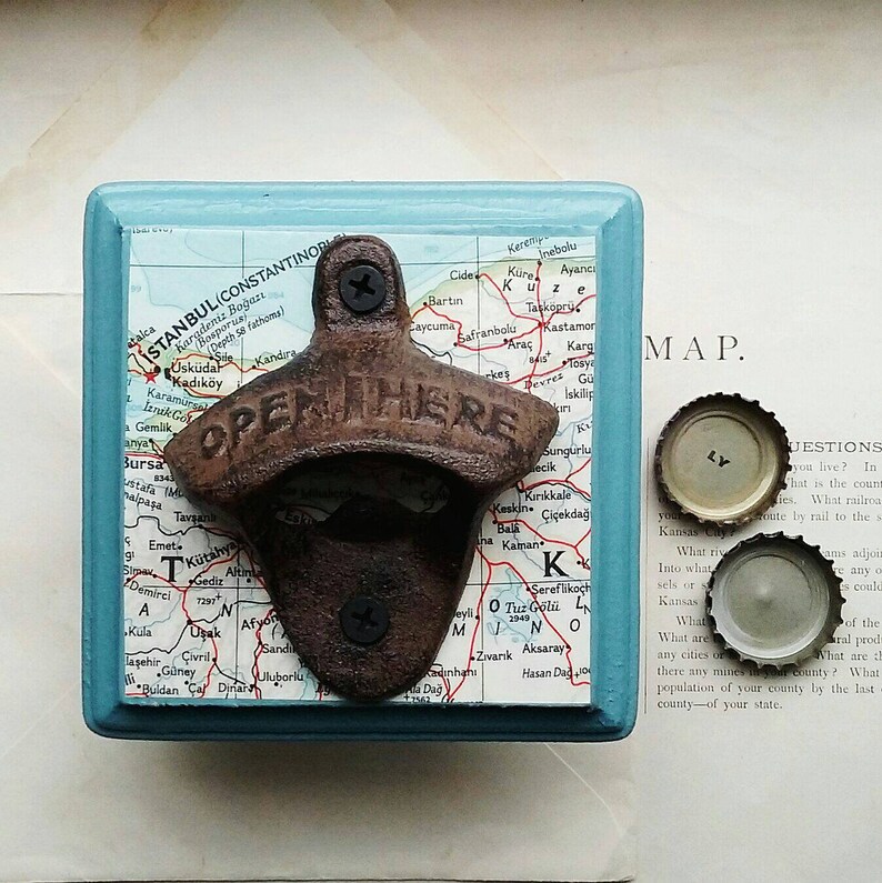 Wall Mount Beer Bottle Opener Made From a Vintage Map of Istanbul, Turkey image 1