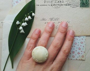 Big White Vintage Button Ring, Adjustable Statement Jewelry