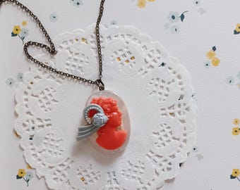Cameo Pendant Necklace, Pink and Blue Floral Statement, Upcycled Vintage Jewelry Collage
