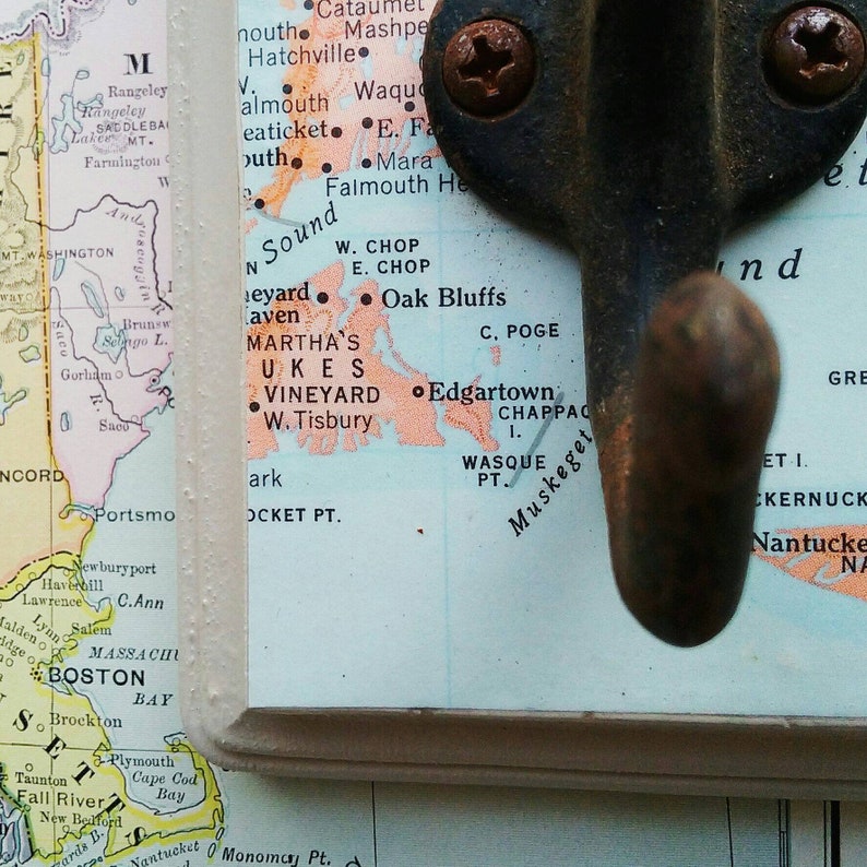 Rustic Travel Inspired Decor Cape Cod Wall Hook Decorative Hanger Made From a Vintage Map of Massachusetts