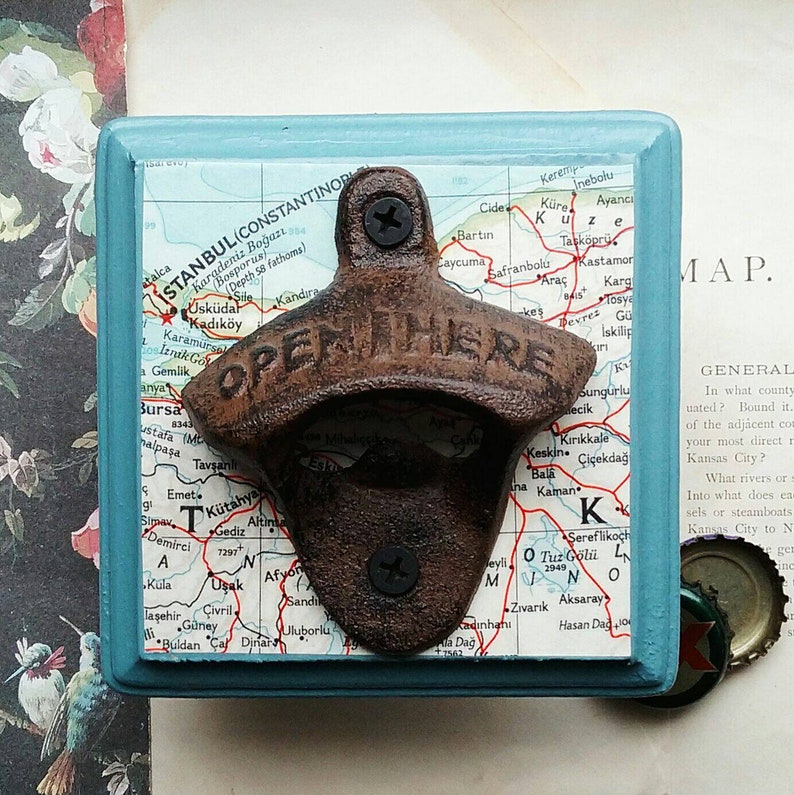 Wall Mount Beer Bottle Opener Made From a Vintage Map of Istanbul, Turkey image 2
