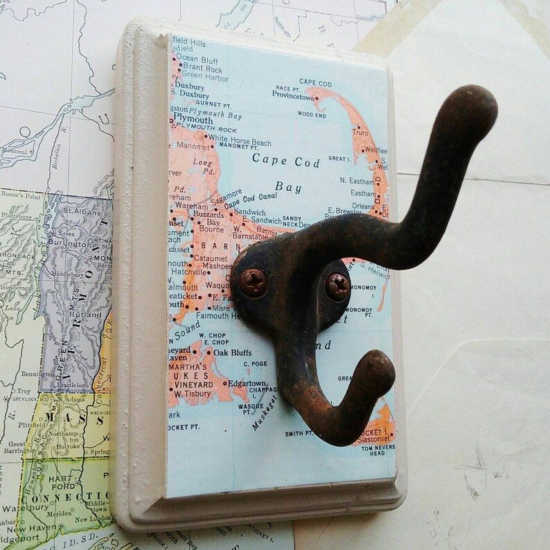 Rustic Travel Inspired Decor Cape Cod Wall Hook Decorative Hanger Made From a Vintage Map of Massachusetts