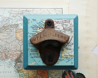 Wall Mounted Beer Bottle Opener Made From a Vintage Map of Cape Town, South Africa