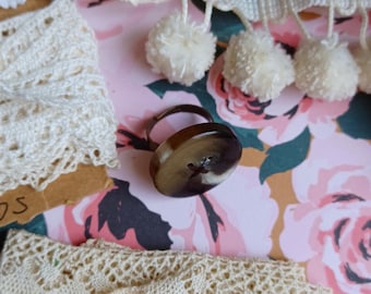 Vintage Button Statement Ring, Adjustable Brown Tortoise Cocktail Ring, Fun Upcycled Fashion Jewelry