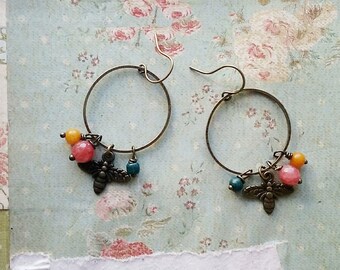 Colorful Beaded Bee Earrings, Boho Hoops for Women