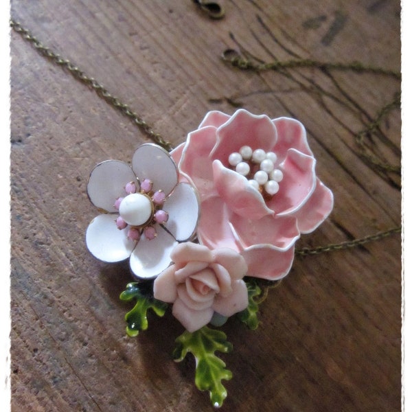 End of Summer Sale, Pink Floral Necklace, Vintage Flower Collage Pendant, Upcycled, Repurposed Enamel Brooch, Shabby and Chic Jewelry