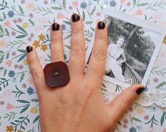 Vintage Button Statement Ring, Adjustable Big Brown Square Cocktail Ring, Fun Upcycled Fashion Jewelry