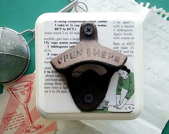 Wall Mount Beer Bottle Opener Made From a Vintage Cookbook Illustration, Retro Bar Accessories, Unique Gift Idea