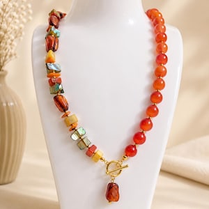Handmade Orange Agate & Abalone Shell Statement Necklace | Gold Toggle Clasp | One-of-a-Kind Artisan Jewelry