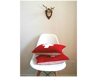 Wool Pillow Cover, red and white, first aid, Swiss, ski patrol, cross pillow,  Studio Tullia, 12x15, made to order