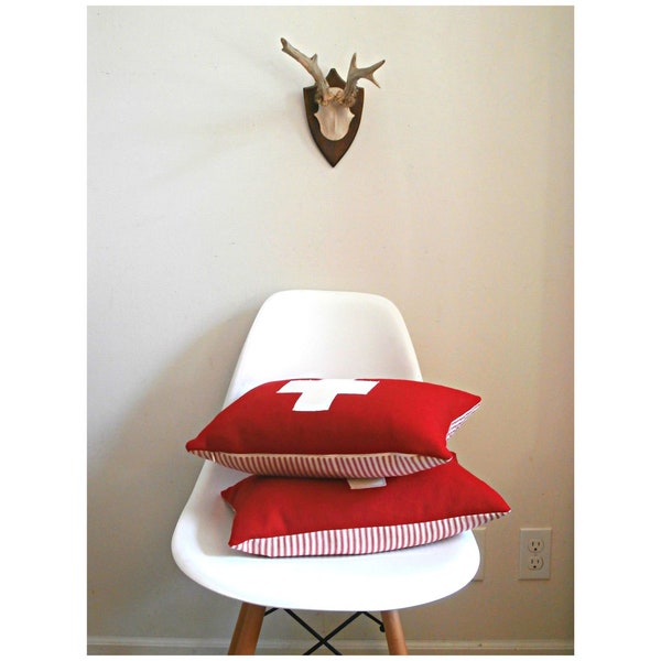 Wool Pillow Cover, red and white, first aid, Swiss, ski patrol, cross pillow,  Studio Tullia, 12x15, made to order