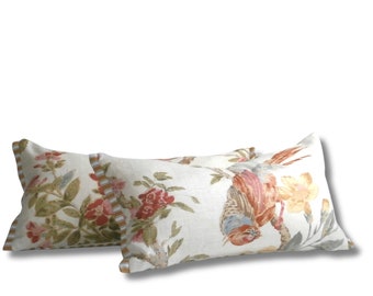 Funda de almohada lumbar con estampado floral de pájaros, reverso de algodón a rayas, 11x21