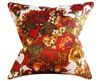 Vintage Floral Velvet Pillow Cover – Mid-Century Red & Gold, 20x20