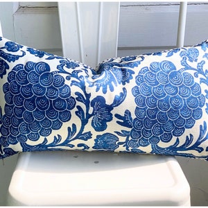 Batik Floral Pillow Cover with blue and white ticking, 11x21 inches, lumbar, ready to ship