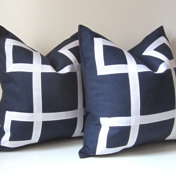 Set of Two - Navy Blue Pillow Covers - 18 inch - Decorative Pillows - White Ribbon - navy and white - ready to ship