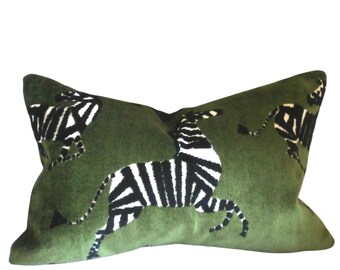 Green Velvet Fabric with Zebras, Modern Animal Velvet Fabric,  Animal Velvet Pillow Cover, 14x20 inch lumbar, ready to ship