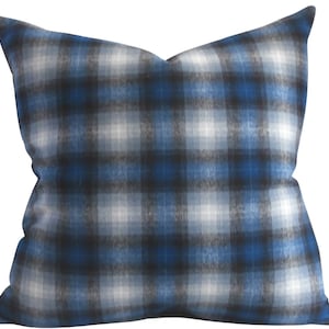 Wool Plaid Pillow Cover, pillow cover, 19x19 inches, blue and black, decorative pillow cover, ready to ship
