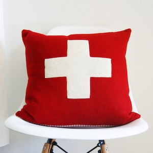 Wool Pillow Cover, red and white, first aid, Swiss army cross, cross pillow,  Studio Tullia, custom sizes, made to order