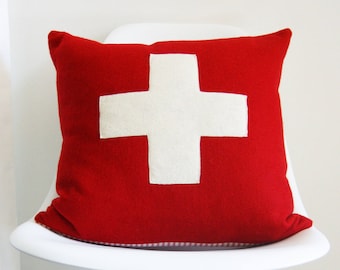 Wool Pillow Cover, 20x20 inches, red and white, first aid, Swiss, cross, cross pillow,  Studio Tullia, ready to ship