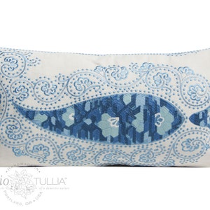 Cowtan and Tout Embroidered Linen Pillow Cover - Lumbar - 11x21 - Paisley - SPECIAL -  soft blues - bohemian - boho chic - ready to ship