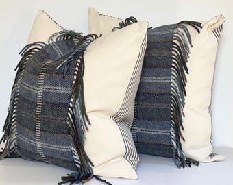 Funda de almohada Pendleton de lana estilo europeo, con flecos reciclados, 24x24 pulgadas.