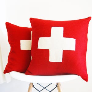 Wool Pillow Cover, red and white, first aid, Swiss, cross, cross pillow,  Studio Tullia, 20x20 inches, ready to ship
