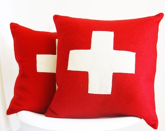 Wool Pillow Cover, red and white, first aid, Swiss, cross, cross pillow,  Studio Tullia, 20x20 inches, ready to ship