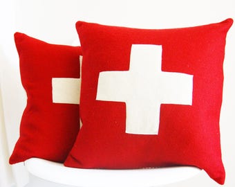 Funda de almohada de lana, diseño de cruz roja y blanca, 20x20