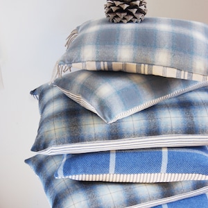 Plaid Wool Pillow Cover, blue, gray, off white, 16x27, 24x24 inch,  wool, luxe lodge, decorative pillow cover, pillow sham,ready to ship