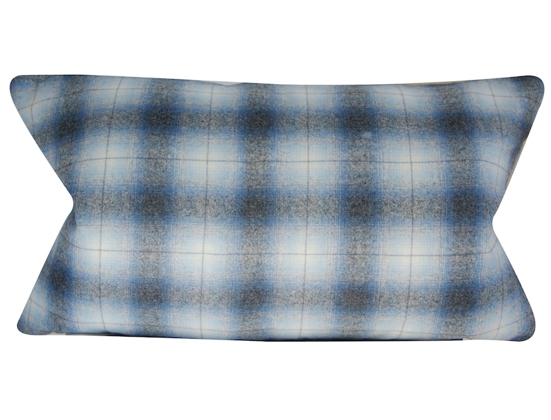 Puede incluir: Un coj&iacute;n lumbar de color azul y blanco a cuadros con un tejido suave y texturizado.