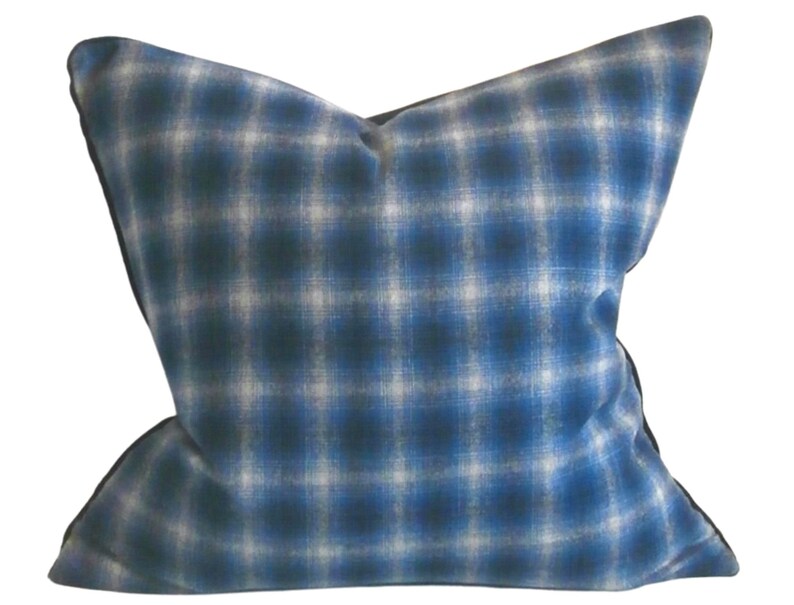 May include: Blue and white checked cushion with a black border.