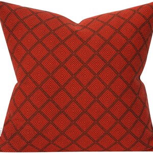 Vintage Wool Orange and Brown Geometric Pattern with Charcoal Brown Linen on Reverse - Decorative Pillow - 20X20 - Astoria Collection