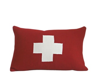 Wool Pillow Cover, red and white, first aid, Swiss, cross, cross pillow,  Studio Tullia, 11x17, ready to ship