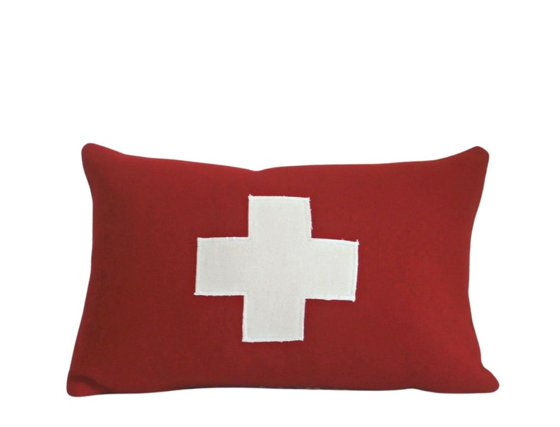 Wool Pillow Cover, red and white, first aid, Swiss, ski patrol, cross pillow, Studio Tullia, 12x15, made to order image 2