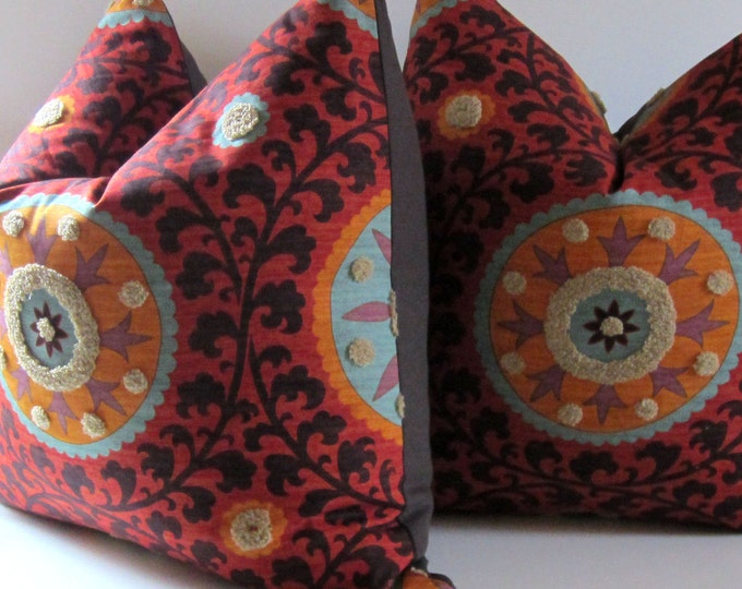 Set of Two Suzani Pillows 24 Inch Euro Sham Decorative Pillows Tribal
