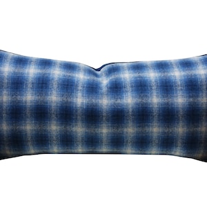 Blue and Gray Plaid Wool Pillow Cover - 11x21 inches - luxe lodge - throw pillow -  decorative pillow cover - ready to ship