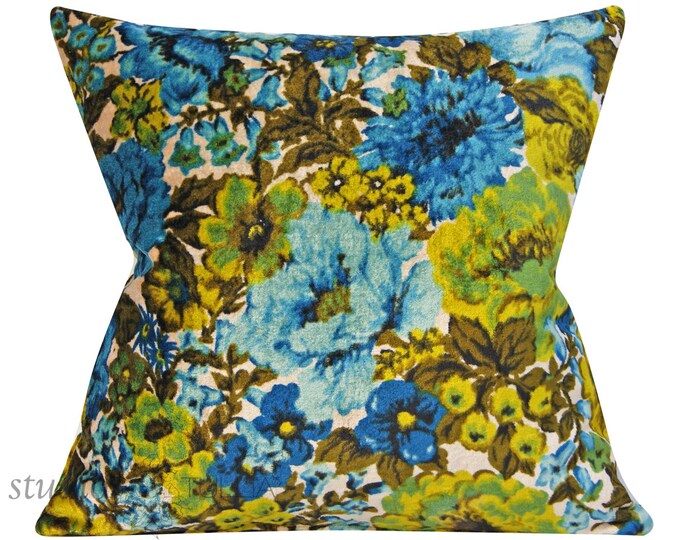 Vintage Velvet Pillow Cover 20 Inch Floral Botanical Mid Century Blue and Green Ready to Ship Etsy