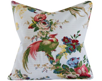 Floral Pillow Cover, birds, greens, golds, reds, white, ready to ship, studio tullia