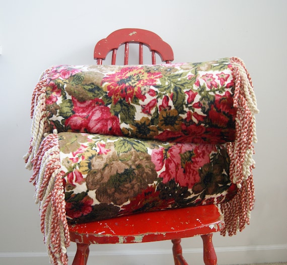 Vintage Velvet Bolster Pillow Cover, Botanical Floral Fringe, Mid-Century Modern