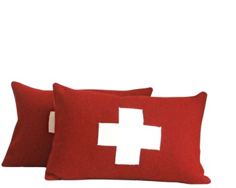 Red Wool Cross Lumbar Pillow Cover, Swiss Design