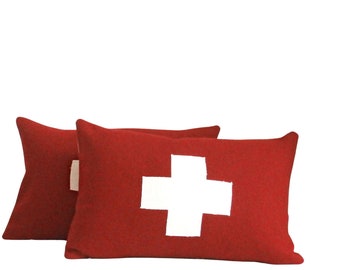 Wool Pillow Cover, Lumbar, red and white, first aid, Swiss, cross, cross pillow,  Studio Tullia, made to order