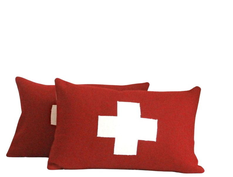 Wool Pillow Cover, red and white, first aid, Swiss, ski patrol, cross pillow, Studio Tullia, 12x15, made to order image 3