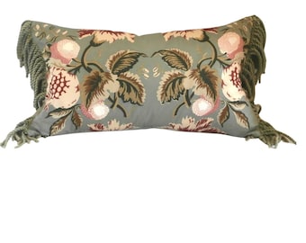 Lee Jofa pillow, Jessup Sage Berry  Chintz with Bullion fringe, Botanical, Olive green, 14x24 inches, ready to ship