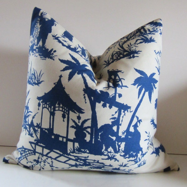 Chinoiserie Pillow Cover - You choose size - 19 to 24 inch - Decorative Pillow -  Blue - Cream - Robert Allen - Williamsburg - Canton Bazaar
