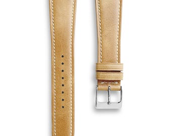 Uhrenarmband aus braunem französischem Kalbsleder in Vintage-Stil, weiße Naht