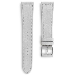 May include: Two light gray suede watch straps. The straps are rectangular with rounded ends and feature visible stitching along the edges. One strap has a silver-colored buckle. The straps are designed to attach to a watch face.