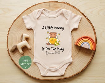 A Little Honey is Coming Soon Onesie®, Custom Pooh Baby Bodysuit, Cute Baby Shower Gift, Baby Reveal Outfit, Newborn Clothes, Custom Date