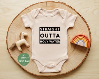 Straight Outta Holy Water Baby Onesie® Brand, Funny Christian Bodysuit, Baptism Outfit, Cute Religious Baby Clothes, Baby Shower Gift