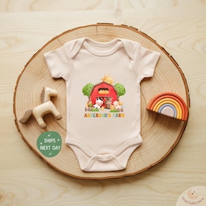 Personalized Farm Baby Bodysuit, Custom Farm Name Onesie®, Farm Animal Baby Shower Outfit, Rustic Baby Gift for Newborn, Farmer Baby Onesie®