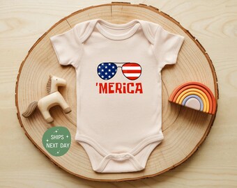 America Glasses Baby Onesie®, Cute Patriotic Baby Bodysuit, USA Flag Sunglasses Outfit, Funny Fourth of July Baby Gift, 'merica Onesie®